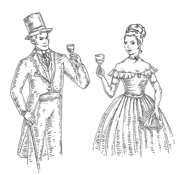 女性と男性がグラスワインを持っている 白い背景に隔離されている ヴィンテージベクトルモノクロ彫刻イラスト 手描きデザイン要素 — ストックベクタ