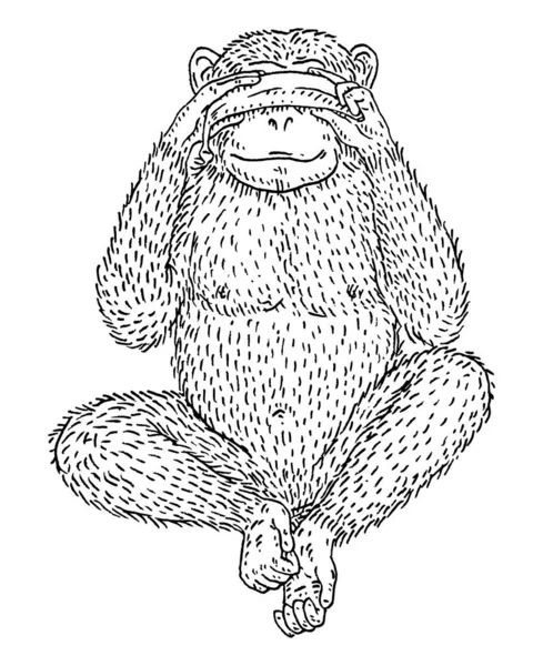 Monkeys Covered His Eyes Bananas Vintage Vector Monochrome Engraving Illustration — Stock Vector
