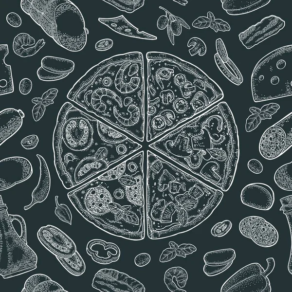 Seamless Pattern Slice Pizza Pepperoni Hawaiian Margherita Mexican Seafood Capricciosa — Stock Vector