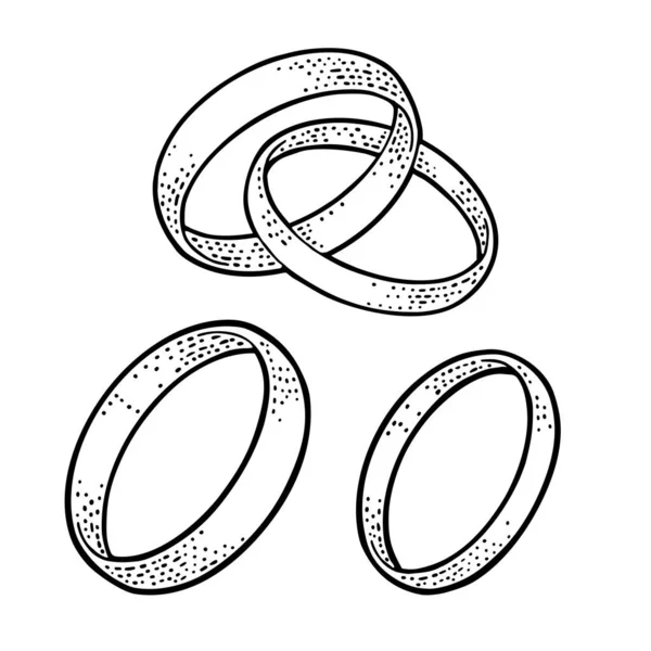 2つの結婚指輪ポスター ラベル ウェブ用のヴィンテージブラックベクトル彫刻イラスト 白い背景に隔離されています 手描きのデザイン要素 — ストックベクタ