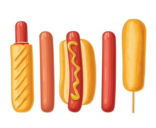 Hotdogs Corndog Side View Vector Color Illustration Poster Menus Web — Stockvektor
