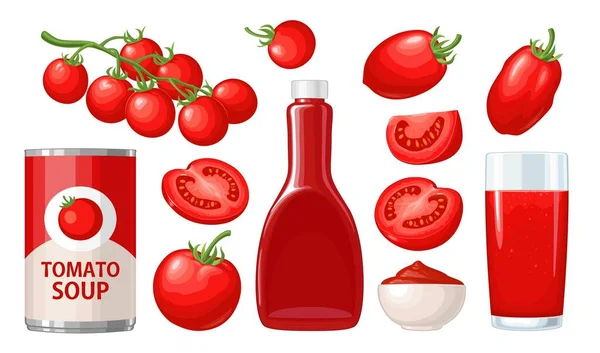 Ketchup Fles Blik Gecondenseerde Soep Saus Een Bord Sap Glas — Stockvector
