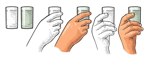 Mãos Segurar Vodka Vidro Vintage Cor Vetor Monocromático Gravura Ilustração — Vetor de Stock