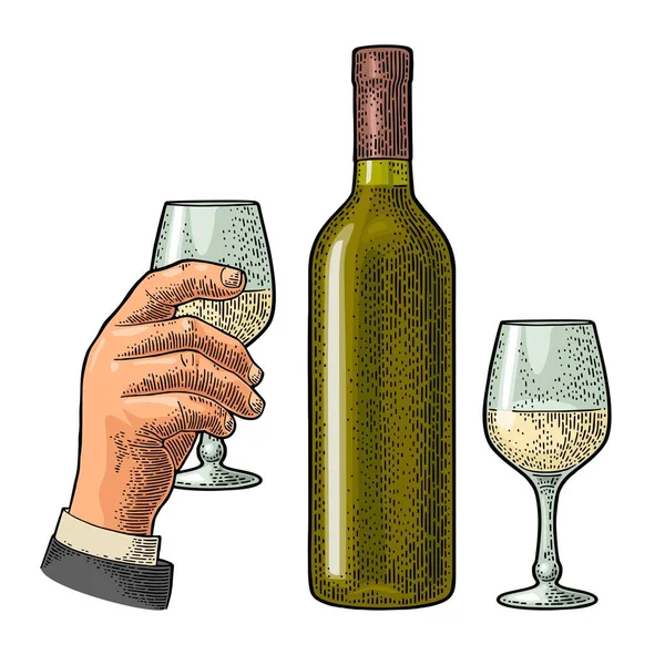 Ανδρικό Χέρι Που Κρατάει Ποτήρι Κρασί Vintage Έγχρωμη Διανυσματική Χαρακτική — Διανυσματικό Αρχείο