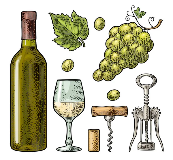 Klaar Voor Wijnwinkel Fles Glas Vleugel Basiskurkentrekker Kurk Tros Druiven — Stockvector
