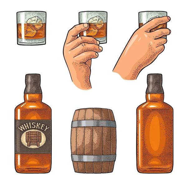 Whiskey Glass Ice Cubes Barrel Bottle Vector Vintage Color Illustration — Stock Vector