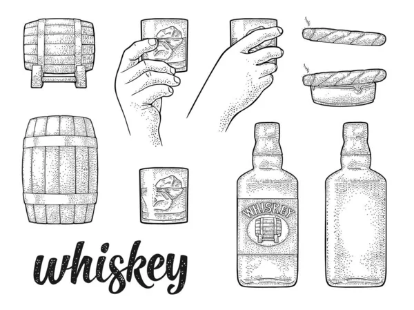 威士忌杯 烟灰缸 瓶子和雪茄 矢量老式黑色雕刻和笔迹字体隔离在白色背景 招贴画手绘设计图 — 图库矢量图片