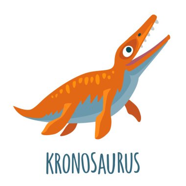 Dinozor. Beyaz arkaplanda izole edilmiş vektör renkli düz illüstrasyon. Kronosaurus harfleri. Tişört ya da web simgesi için tasarım