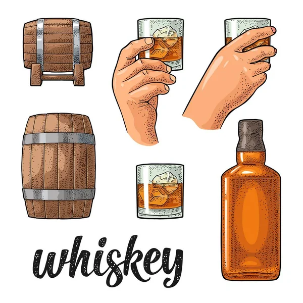 Verre Whisky Avec Glaçons Tonneau Bouteille Gravure Vectorielle Couleur Vintage — Image vectorielle