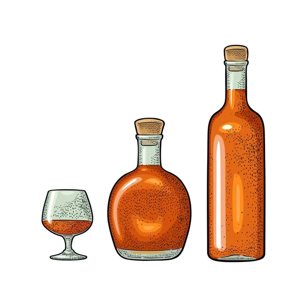 杯子和一瓶白兰地 老式彩色雕刻图解用于标签 宴会邀请函 因白人背景而被隔离 — 图库矢量图片