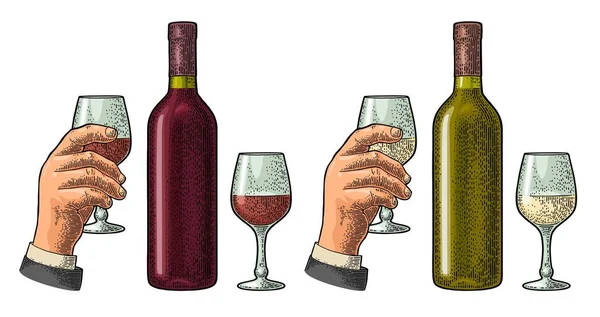 赤と白のワインと男性の手を保持ガラス ラベル ポスター パーティーへの招待のためのヴィンテージカラーベクトル彫刻イラスト — ストックベクタ