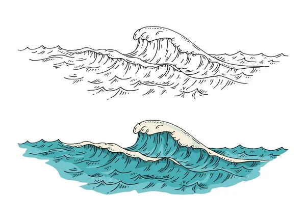 Θαλασσινά Κύματα Vintage Διανυσματική Χάραξη Έγχρωμη Απεικόνιση Απομονωμένο Λευκό Φόντο — Διανυσματικό Αρχείο