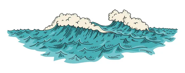 Deniz Dalgaları Vintage Vektör Oyma Renk Çizimi Beyaz Arka Planda — Stok Vektör