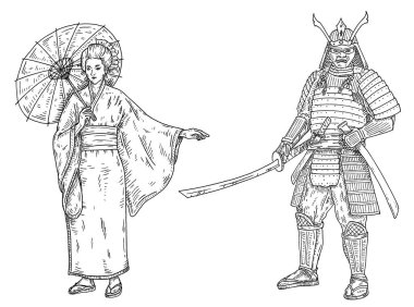 Şemsiyeli bir kadın. Kılıçlı bir Japon samurayı. Siyah monokrom resimli klasik vektör oyması. Beyazda izole edilmiş. El çizimi tasarım mürekkebi