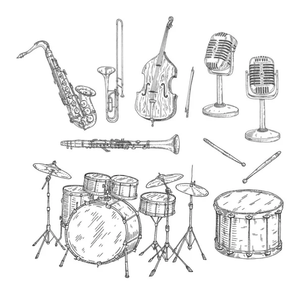 Ställ Jazzmusikinstrument Trumset Trombon Saxofon Klarinett Mikrofon Kontrabas Vektor Vintage — Stock vektor