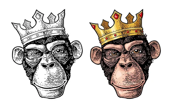 Cabeça Rei Macaco Com Coroa Vintage Cor Gravura Preta Ilustração — Vetor de Stock