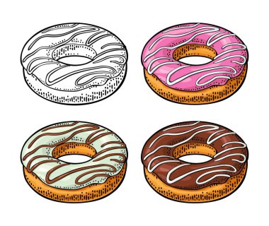 Donut 'ı farklı krema ve şeritlerle hazırla. Poster, etiket ve menü fırını için vektör rengi ve monokrom el çizimi vintage gravür çizimi. Beyaz arkaplanda izole edilmiş