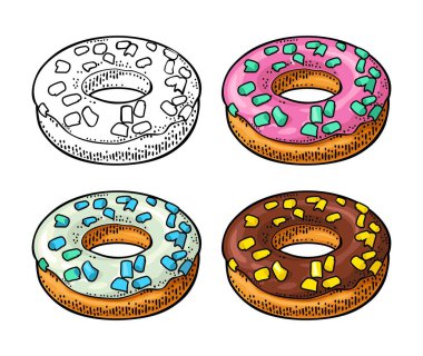 Farklı kremalı ve renkli şekerli donut. Poster, etiket ve menü fırını için vektör rengi ve monokrom el çizimi vintage gravür çizimi. Beyazın üzerinde izole.