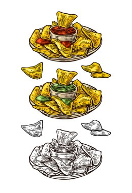 Ketçaplı cips ve tavada guacamole. Geleneksel Meksika yemeği. Menü, poster ve ağ için vektör rengi eski gravür. Beyaz arkaplanda izole