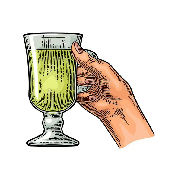 Main Féminine Tenant Une Tasse Thé Noir Vert Verre Illustration — Image vectorielle