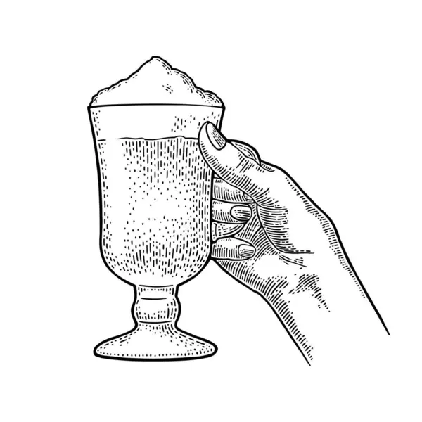 Hand Holding Glass Latte Macchiato Coffee Whipped Cream Hand Drawn — Stock Vector