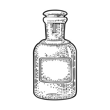 Üstünde el işi etiketi olan bir şişe. Vintage vektör oyma çizimi. Beyaz arka planda izole edilmiş. Etiket, poster ve ağ için el çizimi tasarım ögesi