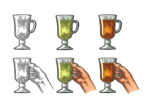 Die Weibliche Hand Hält Eine Tasse Schwarzen Und Grünen Tee — Stockvektor