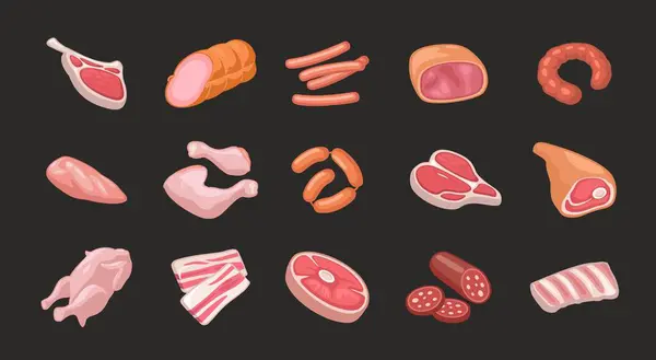 设置肉制品 培根片 不同类型的牛排 早午餐 新鲜鸡块 矢量彩色矢量图解 将图标隔离在黑色中用于Web菜单 — 图库矢量图片