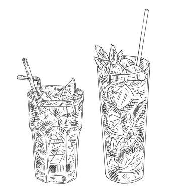 Limonlu mojito kokteyli ve viski bardağında nane şekeri. Küba libre 'si. Vintage vektör oyması monokrom siyah çizim. Beyaz arka planda izole edilmiş. El çizimi kuluçka
