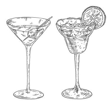 Margarita kokteyli, tuzlu ve limonlu. Zeytinli martini. İşleme vektörü siyah vintage illüstrasyon beyaz arka planda izole. El çizimi tasarım