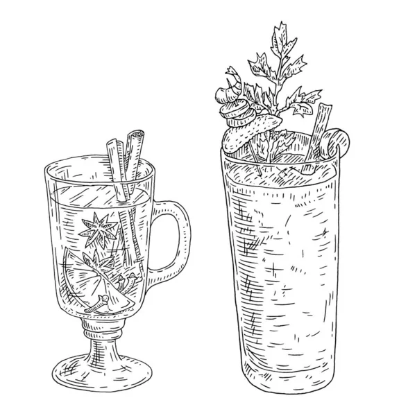 ワイングラスと食材 ブラッディ メアリー カクテル ヴィンテージベクターの彫刻モノクロブラックイラスト 白い背景に孤立した 手描きハッチング — ストックベクタ