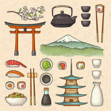 Japonya 'yı. Fuji Dağı, pagoda, torii, bonsai, suşi, yemek çubukları, wasabi, rulo, soya sosu, bardak, kase, çaydanlık, kiraz dalı. Klasik renk vektörü oyması bej üzerine izole edilmiş