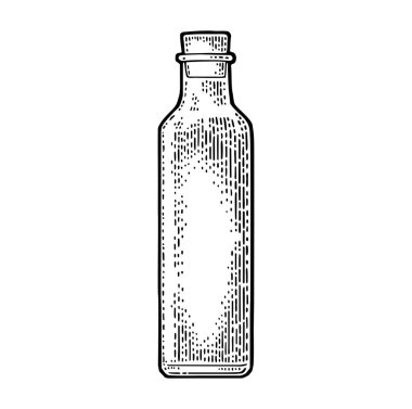 Sos için boş şişe bardağı ya da mantar tıpalı yağ. Vector black vintage gravür çizimi. Beyaz arkaplanda izole
