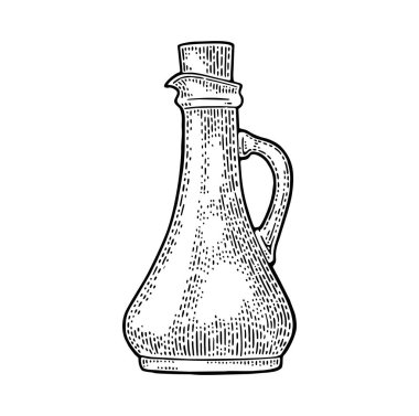 Sos için boş şişe bardağı ya da mantar tıpalı yağ. Vector black vintage gravür çizimi. Beyaz arkaplanda izole