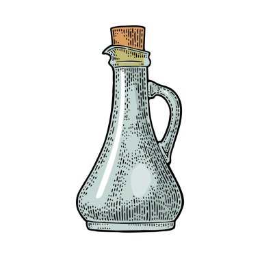 Sos için boş şişe bardağı ya da mantar tıpalı yağ. Vector renk vintage oyma illüstrasyonu. Beyaz arkaplanda izole