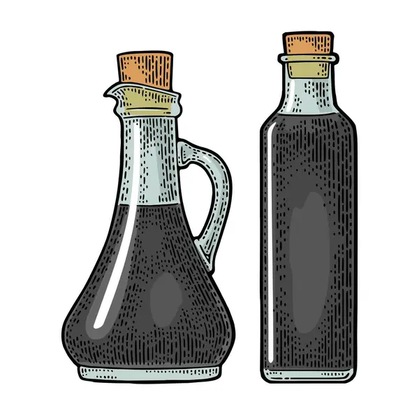 Flaska Glas Sojasås Med Kork Propp Vektor Färg Vintage Gravyr — Stock vektor