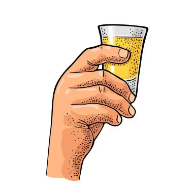 Erkek, cam tekila tutuyor. Etiket, poster ve parti davetiyesi için klasik renk vektör oymacılığı. Beyaz arkaplanda izole