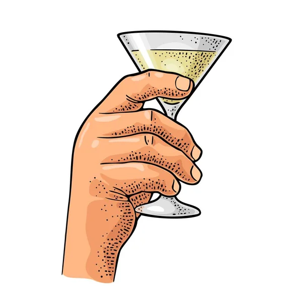 Männliche Hand Hält Glas Mit Cocktail Vintage Vektor Farbgravur Illustration — Stockvektor