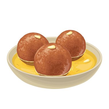 Gulab jamun. Geleneksel Hint yemeği şekerli yuvarlak beyaz bir tabakta tatlı şurupla servis edilir. Vektör rengi gerçekçi illüstrasyon. Menü, poster ve web için el çizimi izole tasarım ögesi