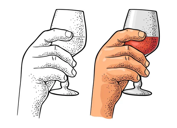 Männliche Hand Hält Glas Mit Rotwein Vintage Farbvektorgravur Illustration Für — Stockvektor