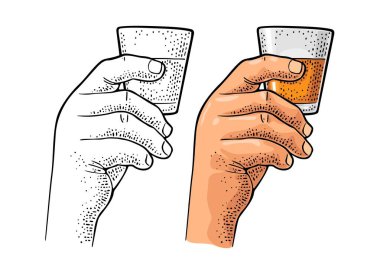 Erkek, cam rom tutuyor. Klasik renk ve monokrom vektör oyma çizimi. Beyaz arka planda izole edilmiş. Etiket, poster, web, parti daveti için el çizimi tasarım ögesi