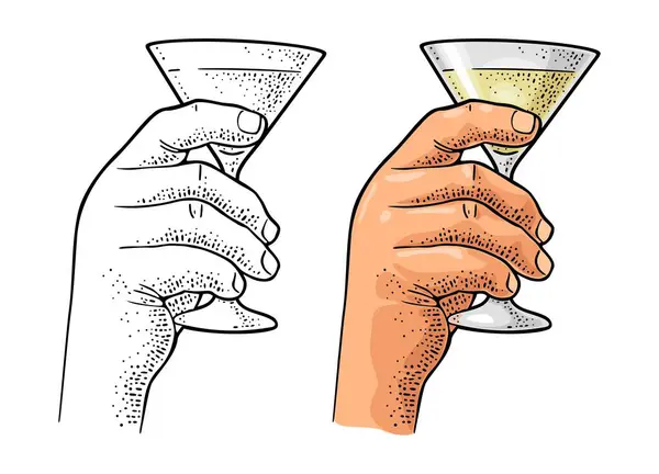Männliche Hand Hält Glas Mit Cocktail Vintage Vektor Farbgravur Illustration — Stockvektor