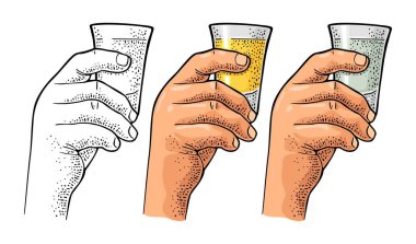 Erkek el cam tekila tutarak. Vintage renkli ve tek renkli vektör resmi etiketi, poster, partiye davet için oyma. Beyaz arka plan üzerinde izole