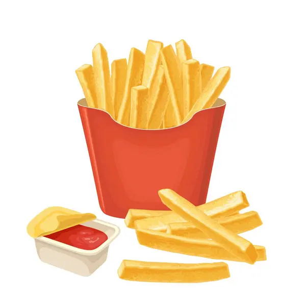 Kırmızı Karton Kutuda Patates Kızartması Ketçaplı Plastik Açık Konteynır Vektör — Stok Vektör