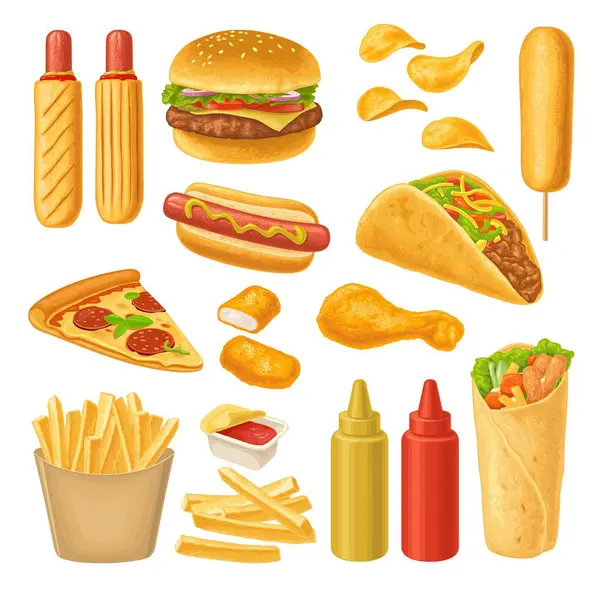 设置快餐图标 汉堡包 纸盒薯条 玉米卷 塑料瓶番茄酱和芥末 矢量色彩真实感图解 — 图库矢量图片