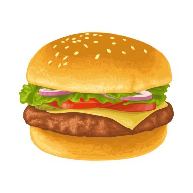 Et, marul, peynir, salatalık, soğan ve domatesli hamburger. Poster, menüler, broşür ve web için gerçekçi vektör rengi çizimi. Beyaz arkaplanda simge izole edildi.