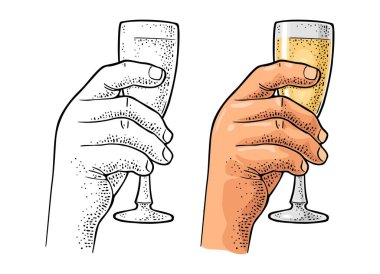 Erkek, cam şampanya tutuyor. Web, poster ve parti davetiyesi için klasik renk vektör çizimi. El çizimi tasarım ögesi beyaz arkaplanda izole edildi.