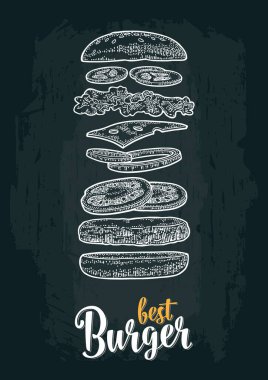 Uçan malzemeli çizburger çörek, domates, salata, peynir, soğan ve salatalık içerir. Karanlıkta izole edilmiş beyaz oyma çizimi. En iyi hamburger harfleri..