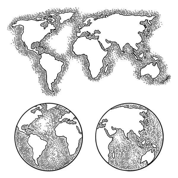 Maa Planeetta Kartta Vektori Musta Vintage Kaiverrus Kuva Eristetty Valkoisella — vektorikuva