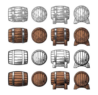 Ahşap varil metal çemberler ile. Renk ve siyah vintage vektör çizim oyma. Beyaz arka plan üzerinde izole. Elle çizilmiş tasarım öğesi etiket ve poster için